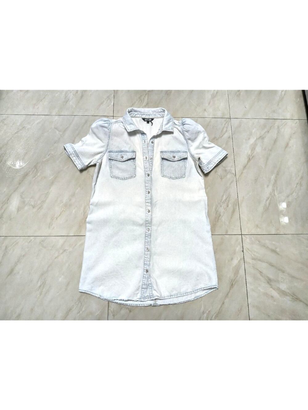 DKNY Jeans Dress Womens Large Blue Denim Shirt Short Sleeve Button Front Pockets